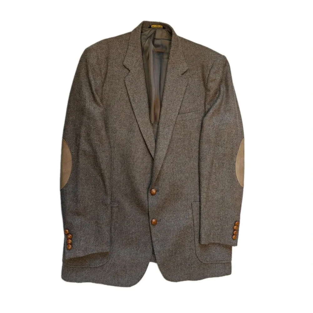 Vtg Haggar Mens Tweed Sports Coat 46L Brown USA Wool Blazer Elbow Patches